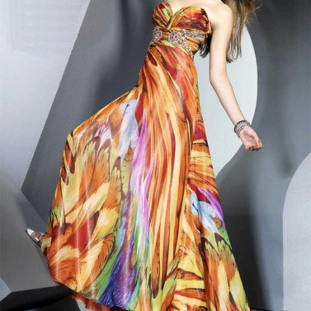 Riva Designs Orange Swirl Crystal Detail Strapless Gown Prom